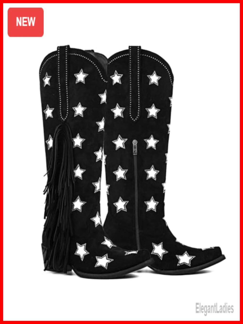 Suede Knee High Western Cowboy Boots Fringe Rhinestone Stars 2" Heel